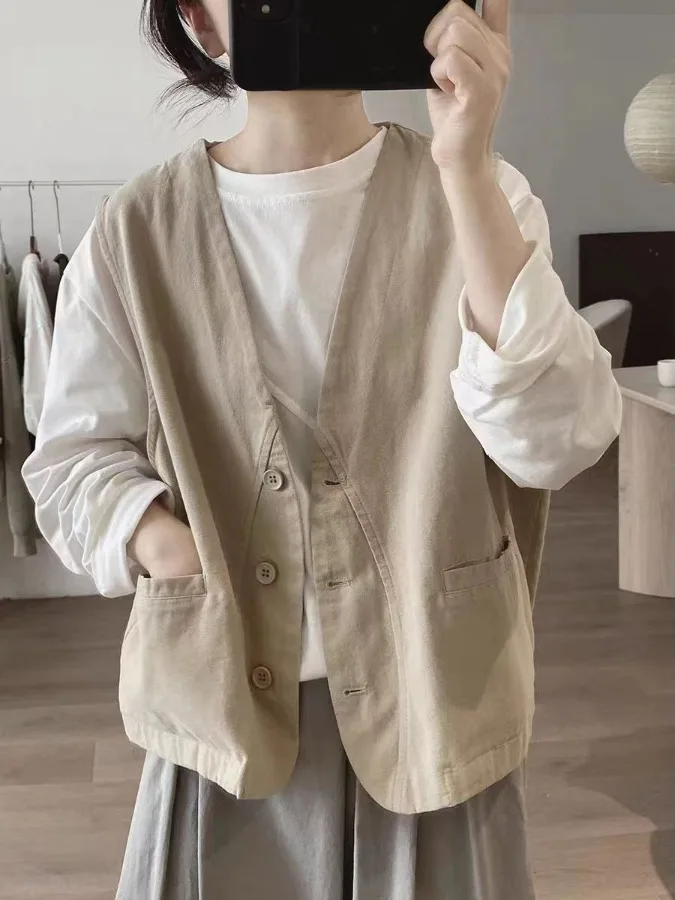 Baumwolle Arbeitskleidung Weste frauen Lose Beiläufige Vielseitige Schichtung Oberbekleidung Top Frühling Herbst Neue Sle Bequeme Fit Weste