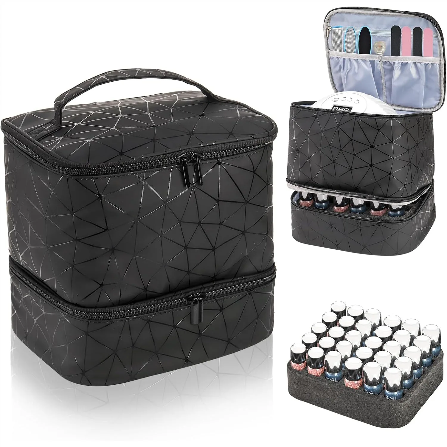 

Nail Polish Organizer Case, Double-Layer PU Leather Carrying Bag with Handle, Portable Storage for Manicure Accessories and 30