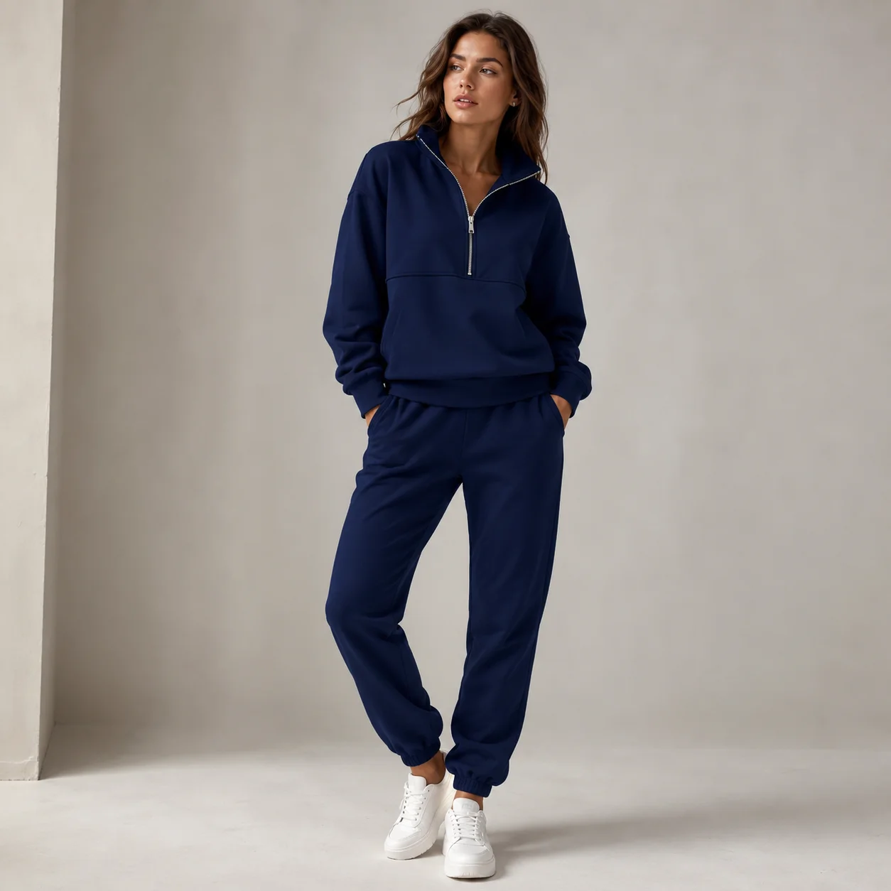 EOENKKY Women 2 Piece Tracksuit Set Half Zip Sweatshirt Jogger Pants Casual Sweatsuit Lounge Outfit Fall