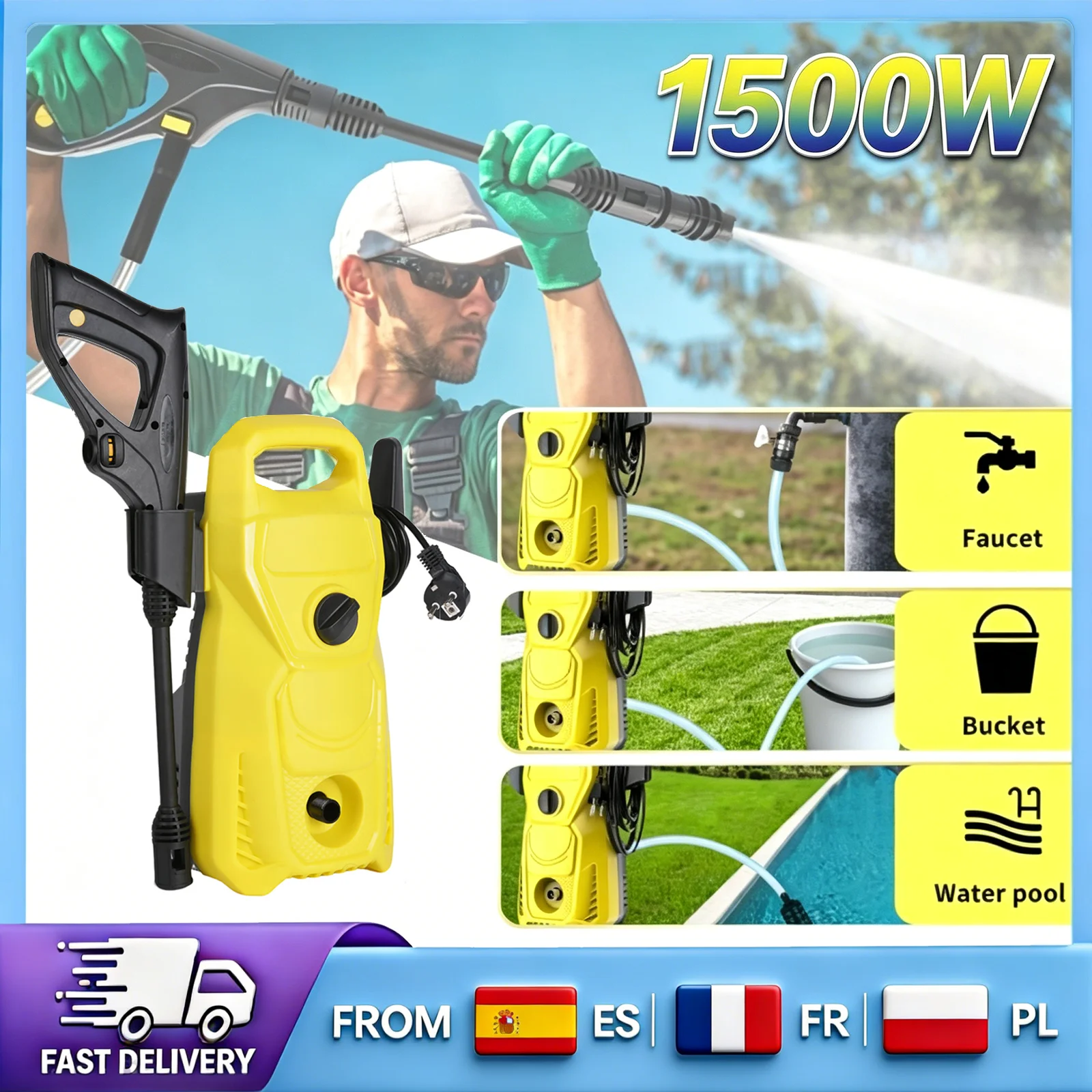 Hidrolavadora de Alta Presión de 1500W, 135 Bares, Máquina de Limpieza Eléctrica con Manguera de 10m y Boquilla Ajustable para Limpieza de Autos, Patios y Jardines