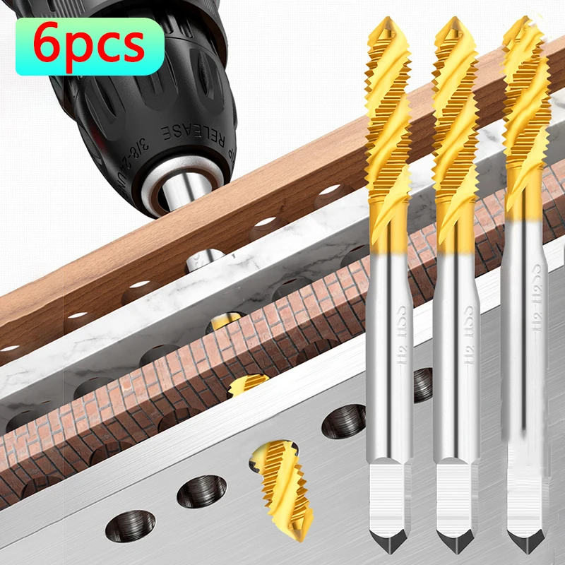 6pcs Tap Drill Bit Set For Metal Diameter 3-10mm Thread Repair Kit High Speed Steel Perforated Spiral Metric Composite Tap