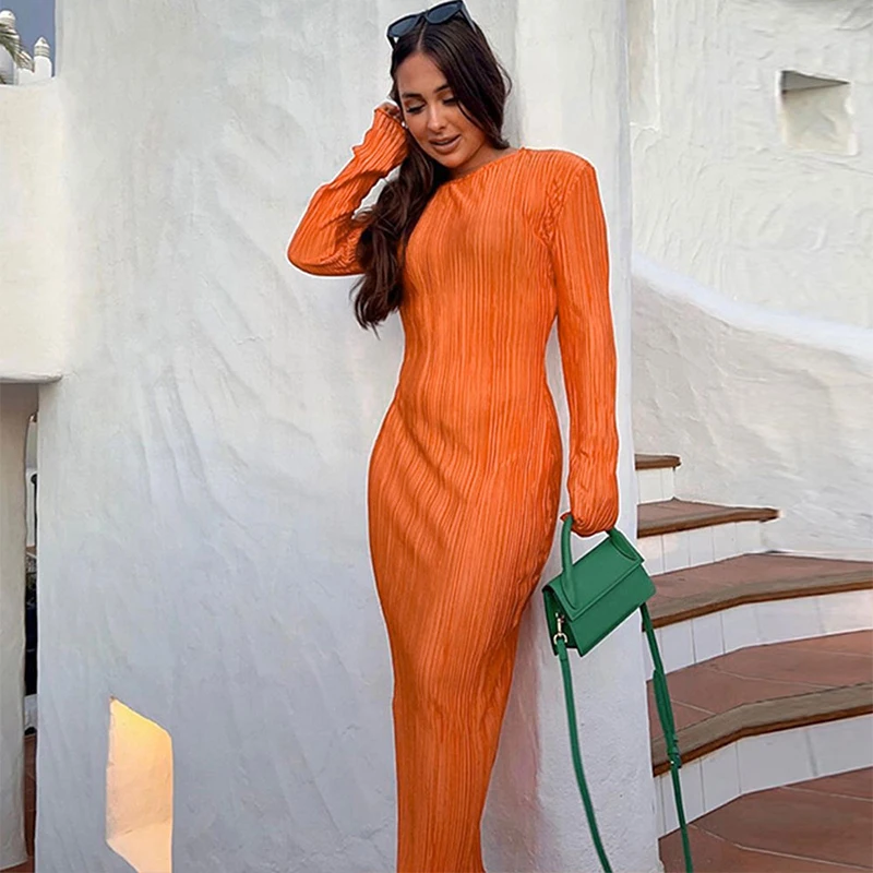 

Fashion Orange Long Dresses Slimming Long-sleeved Dress Elegant Vintage Dress Autumn Pure color Gorgeous Ladies Dresses,2024
