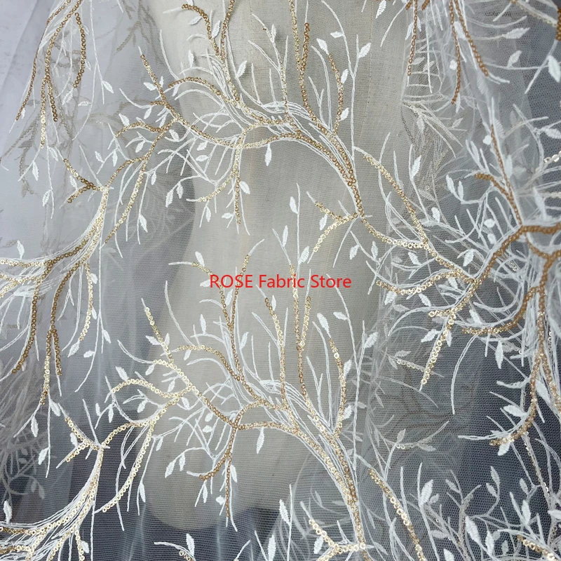 

Gold sequin Branches Embroidered Lace Fabric flower tulle Fabric for Wedding Dress Party Dress Tutu Dress 1 Yard