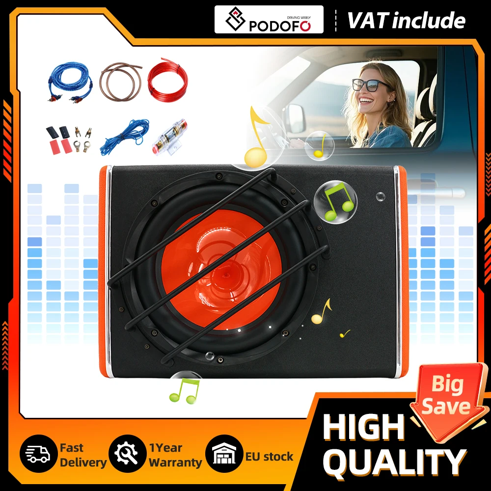 Podofo Slim Integrierter Verstärker Auto-Bassbox 3800W Hochleistungs-Subwoofer-Lautsprecher Komplettset mit passenden Audio-Verbindungskabeln für Auto-Audio-Upgrade