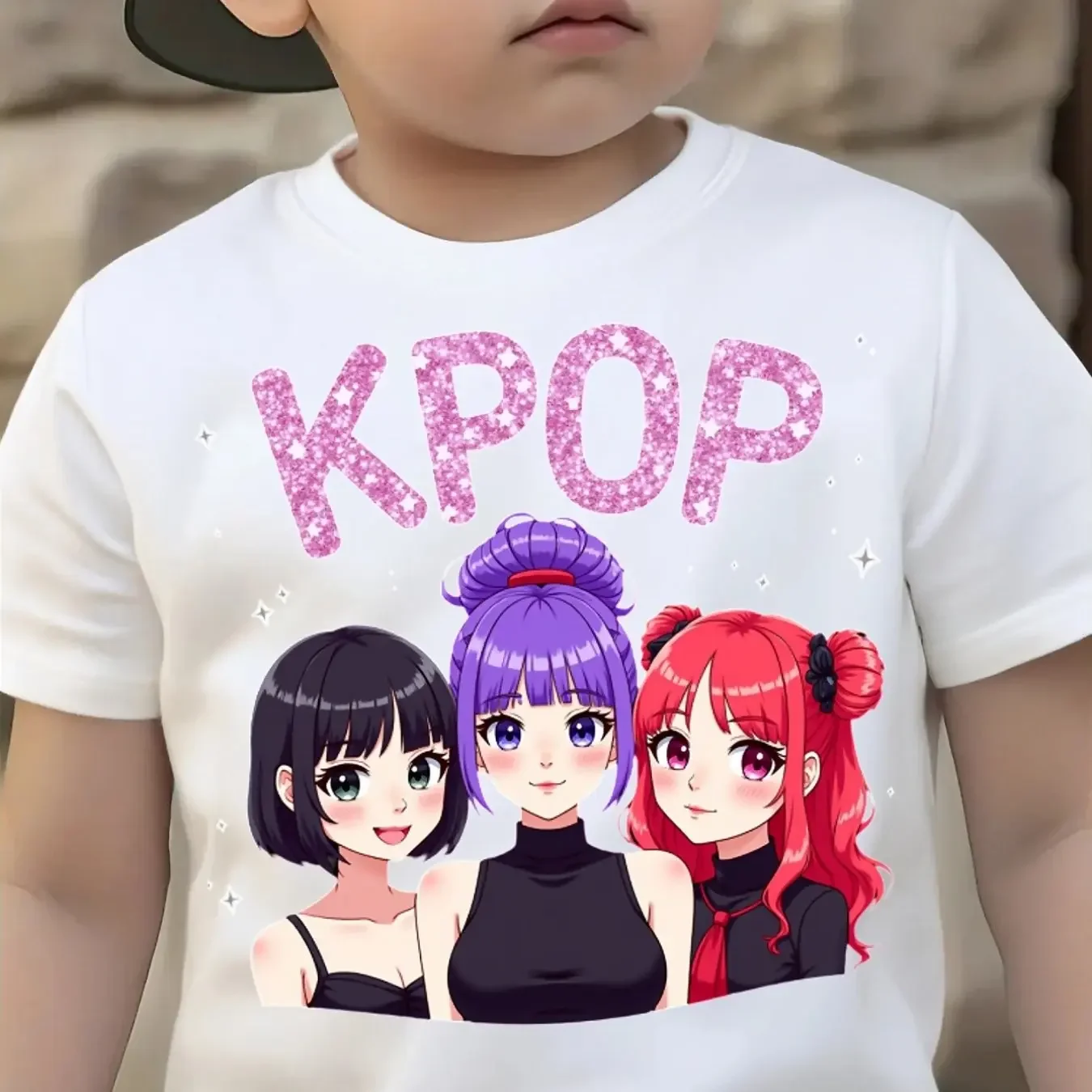 Sequined Trendy Girl Group Pattern Children's White Short-sleeved Cotton Casual Summer Concert T-shirt for Boys and Girls