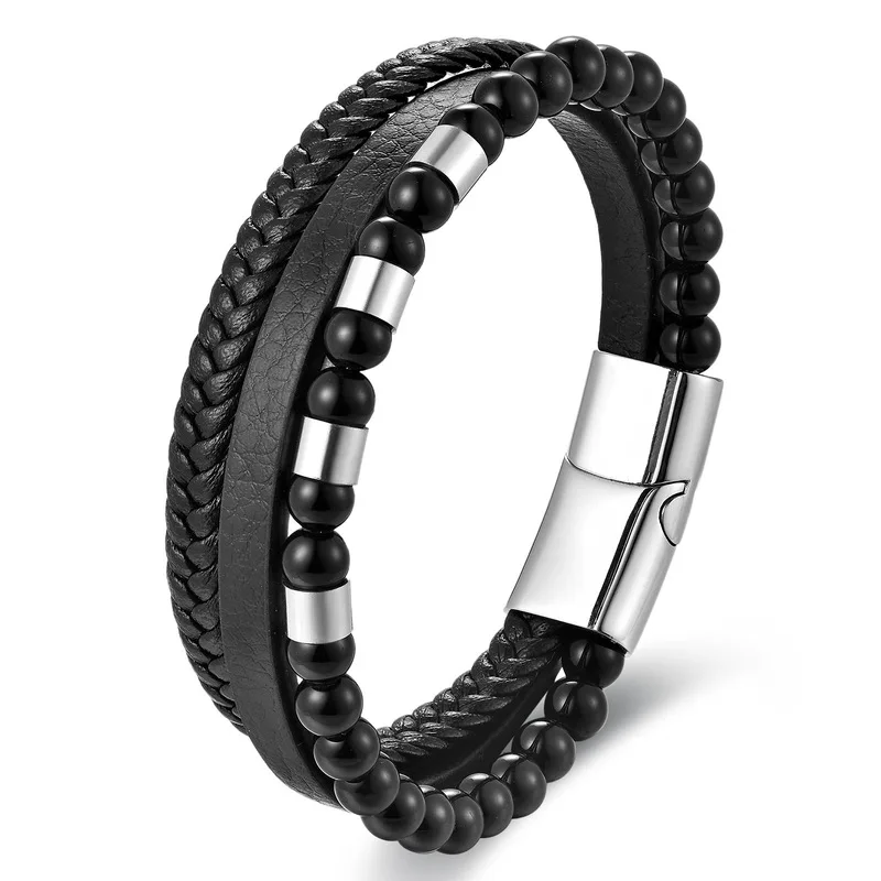 Black Leather Braided Bracelet for Men Double Layer Stainless Steel Clasp Handmade Multi Layer Cowhide Wristband Punk Jewelry