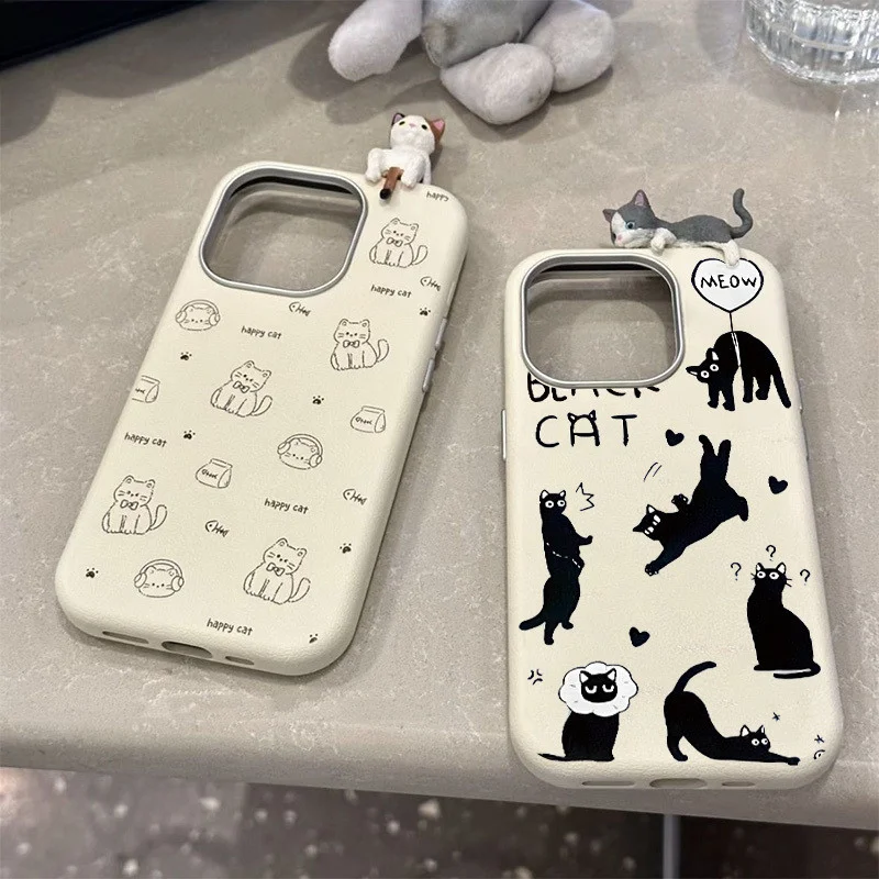 Funny Black Kitten 3D Doll Case Compatible for IPhone 15 11 16 12 14 13 Pro Max 15 16 Plus XR X XS Max Leather Texture Case ﻿