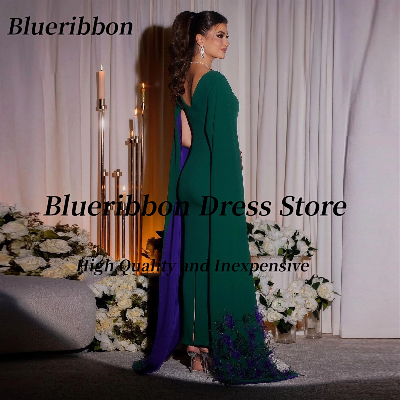 Blueribbon Green Dresses for Evening Party Dubai Saudi Arabia Women Wear Luxury Feathers Flutter Sleeves Prom Dress