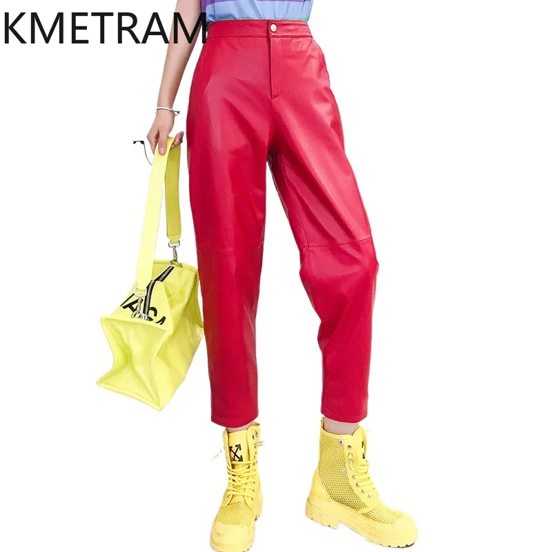 KMETRAM Genuine Leather Harem Pants Women Real Sheepskin Trousers Autumn Winter Pants Clothes High Waist 2024 Pantacourt Femme