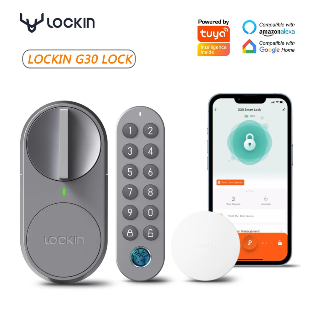 Lockin G30 Tuya App WiFi Quick Keyless Entry Smart Door Lock Bluetooth Fingerprint Keypad Unlock Compatible with Alexa Google