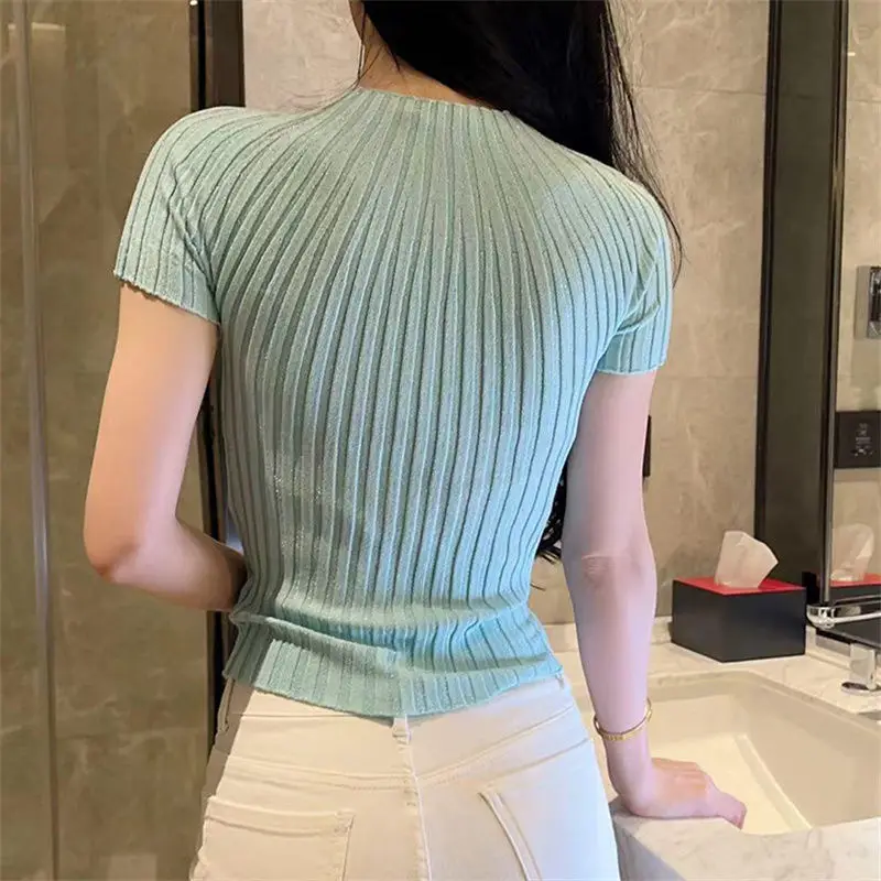 Slim Diamond Ice Silk Thin Sweater Top for Women Sweet Hot Girl Slim and Slim Shoulder Short-sleeved T-shirt