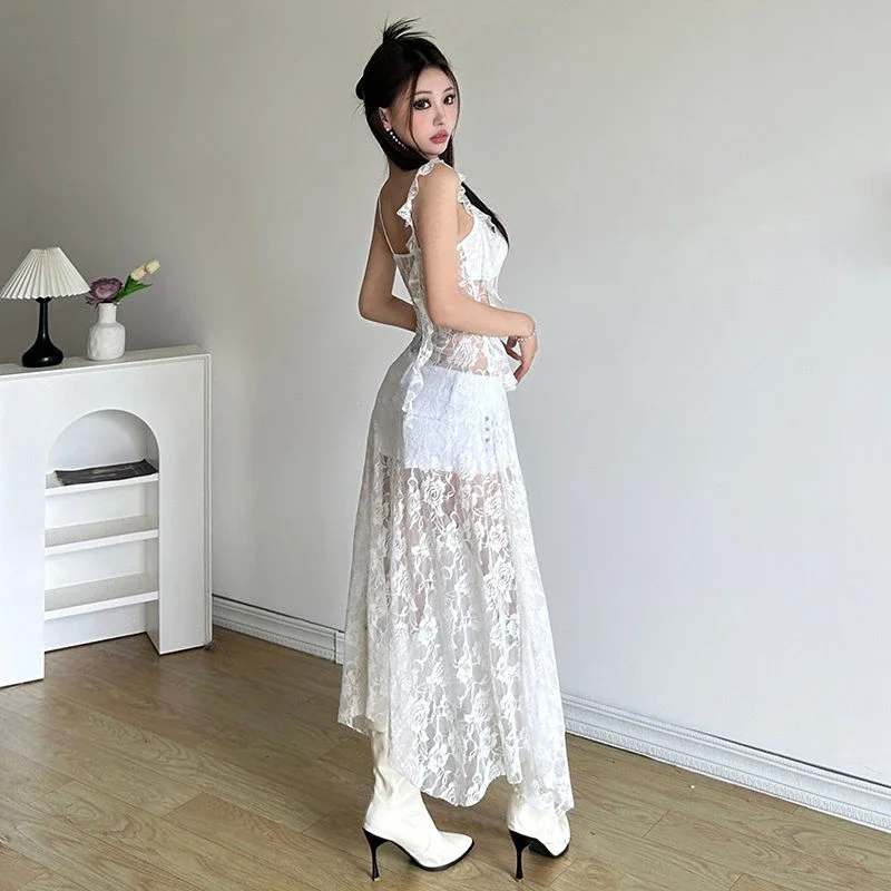 ชุดสตรีลูกไม้Patchwork SHEER Camisชุดภาษาฝรั่งเศสคําไม่สม่ําเสมอเซ็กซี่ชุดแฟชั่นStreetwear Hollow OUT Rufflesชุด 2025 ใหม่