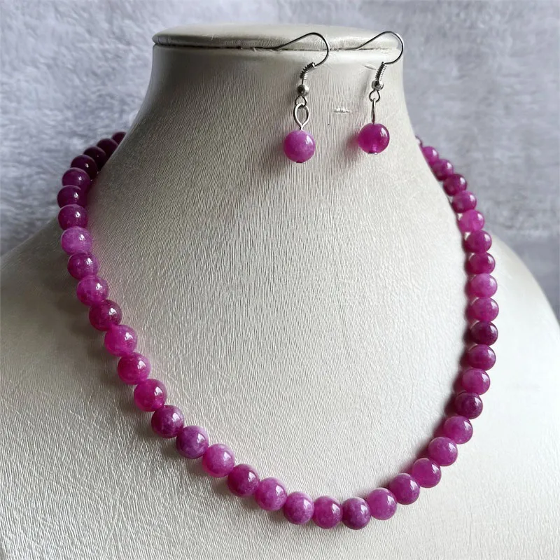 8MM Purple Red Rubellite Jade Necklace Earrings Set Natural Beads Women Varnish Preciosas Stone