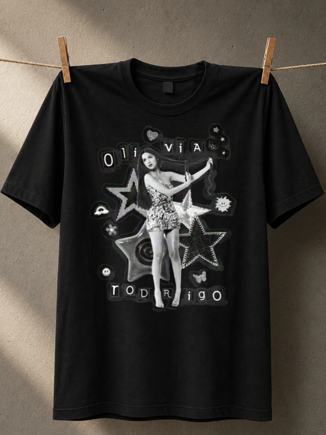 grayscale star collage with performer photos butterfly icons and moody pop fan aesthetic Unisex  Unisex All T-Shirt