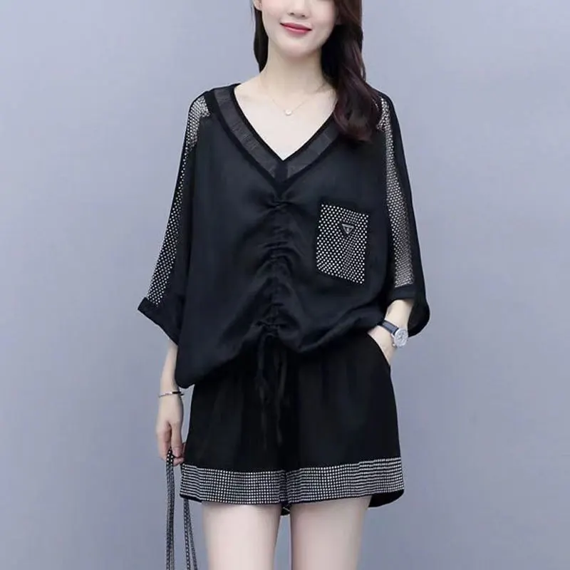 Stylish Casual Loose Matching Sets Gauze Women's Clothing V-Neck 2024 Summer Two Piece Set Korean Shirring Drawstring Short Sets