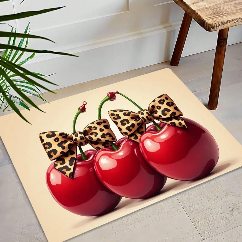 Pink Base Leopard Bow Cherry Front Door Mat Cute Fruit Pattern Non Slip Entryway Rug