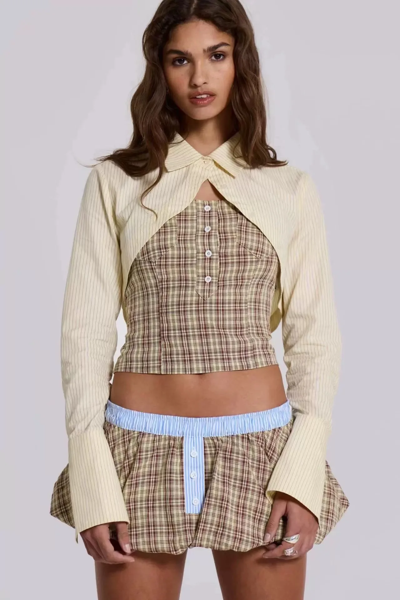 Jaded London playful and fashionable light yellow striped short shirt