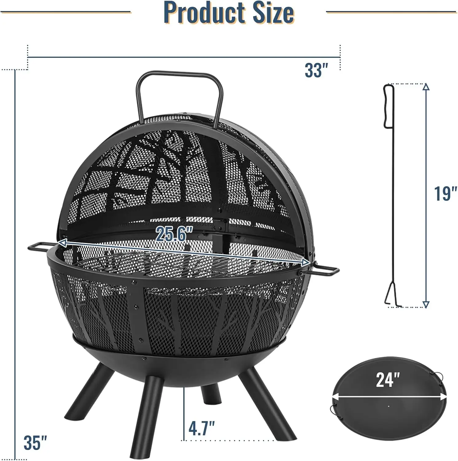 Panovue 35 Inch Wood Burning Fire Pit with BBQ Grill, Heavy Duty Fire Pits Ball for Outside with Spark Screen & Removable Ash Pa