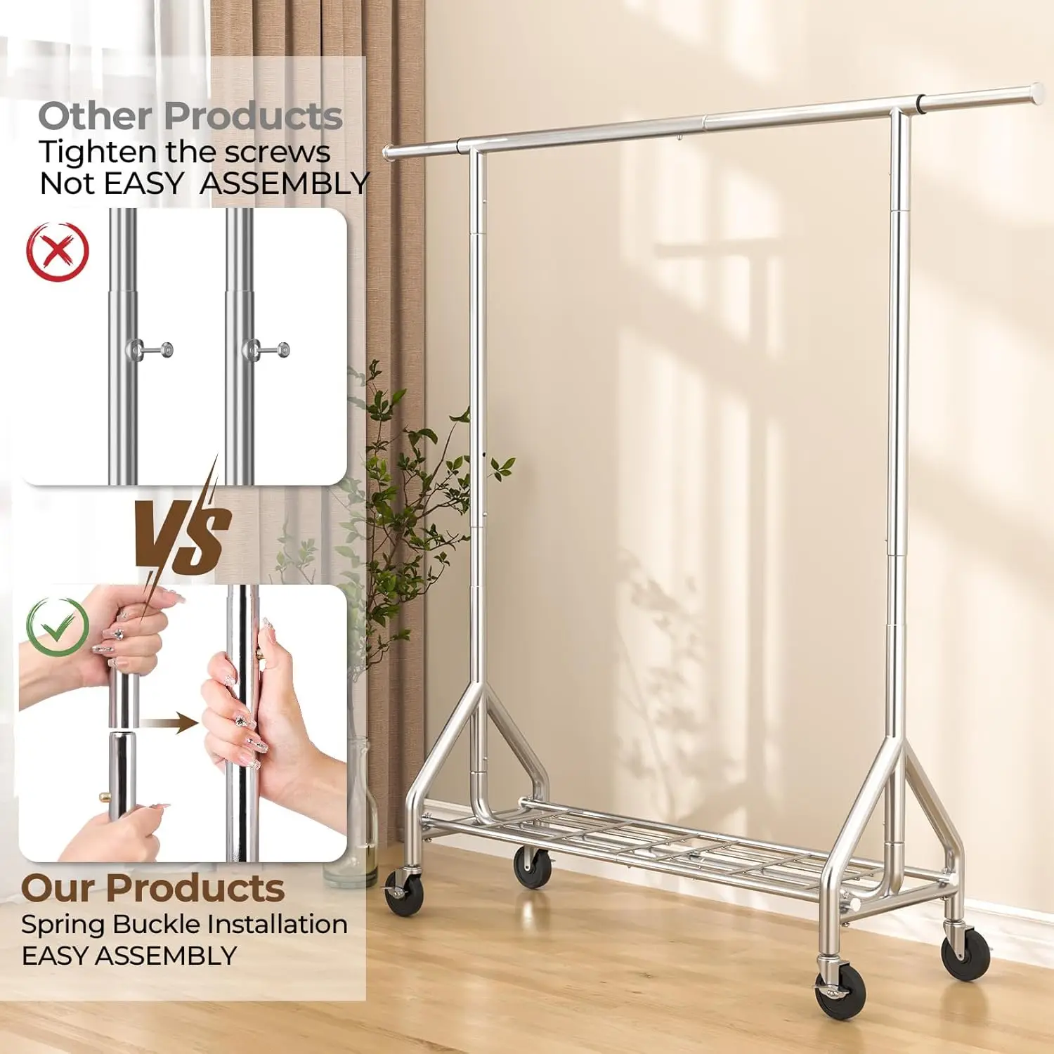 Heavy Duty Clothes Rack para pendurar roupas, Metal Garment Rack, Standing Rolling, com rodas resistentes, 450 LBS