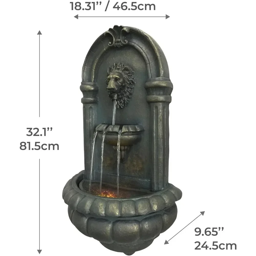 32.1เข้ามาหินหัวสิงโตติดผนัง LED น้ำพุน้ำกลางแจ้งสำหรับสวน, ภูมิทัศน์, ลาน, ระเบียง, ทองแดงโบราณ