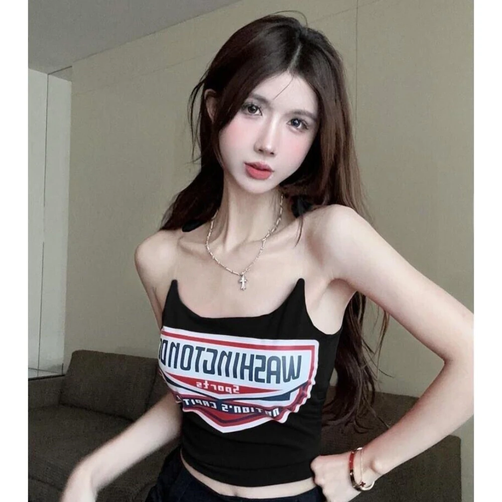 Sexy unsichtbare Schulter gurte Crop Tops Frauen Sommer koreanische Mode Halfter schlanke Brief druck Grafik T-Shirt y2k Tops Tank Top