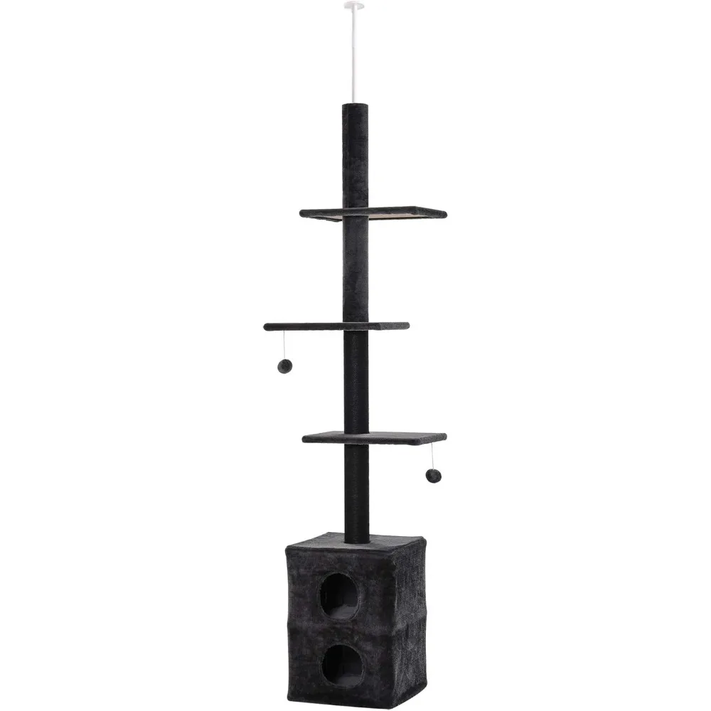 

PawHut Cat Tree Floor to Ceiling Condo w/Jute Scratching Post Dangling Ball Adjustable 86.5" H -96.5" H, Grey
