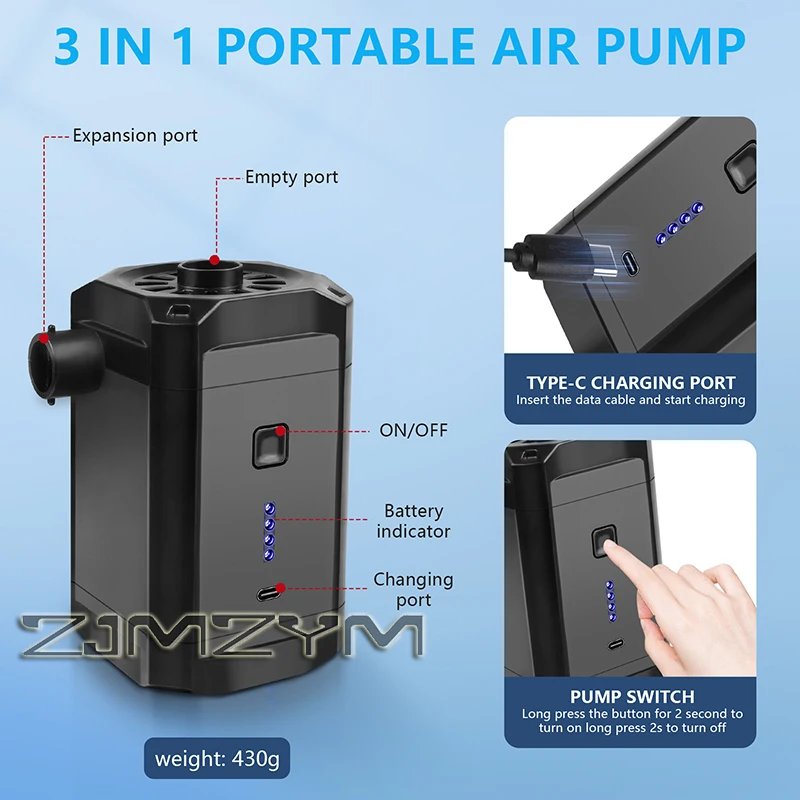 Outdoor Wireless Electric Air Pump Inflator Air Compressor Battery Rechargeable Portable For PVC Boat Mattress Inflatable Pool