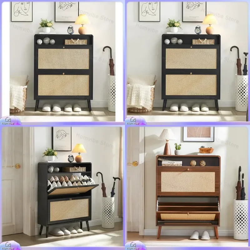 

Modern Freestanding Shoe Cabinet with 2 Flip Drawers and Retractable Porch Stool Solid Wood Entryway Storage for Living Room