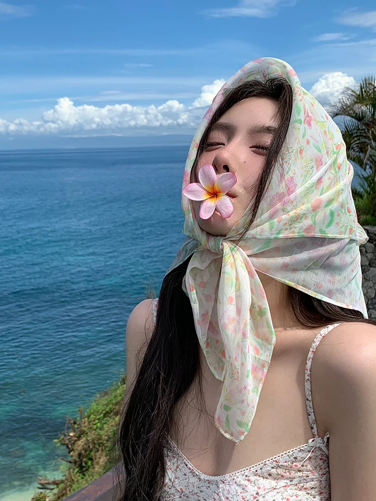 

Country Floral Headscarf Women's Spring Summer Cotton Linen Beach Vintage Silk Scarf ular All-Match Decorative Faion Acc...