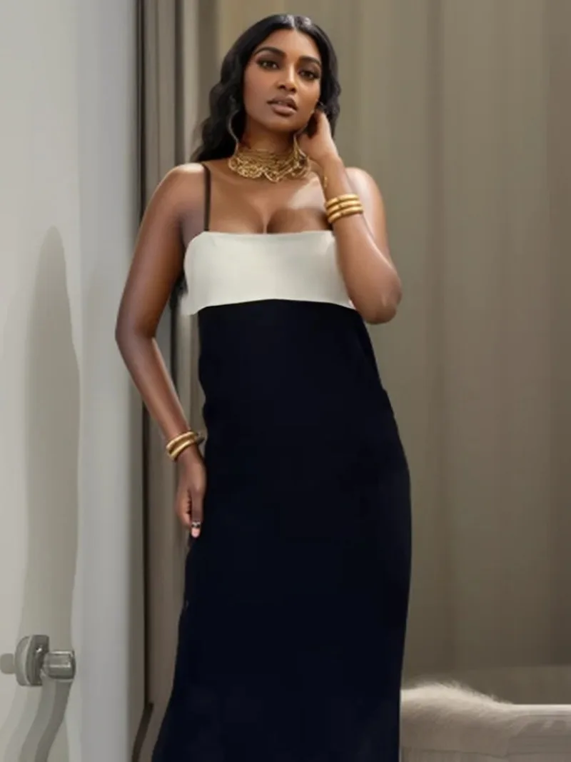 

Women A-line Satin Texture Dress Fashion Contrast Color Design Sling Long Dresses for Women Solid Straight Elegant Party Dresses