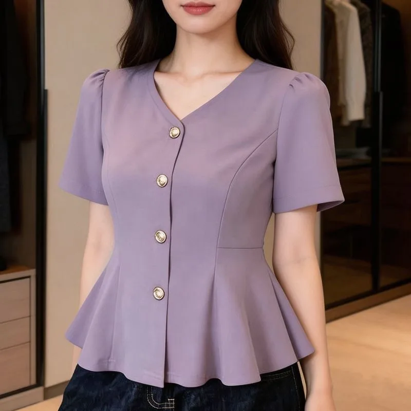 

Women's V Neck Blouse Solid Short Sleeve Peplum Hem Work Top