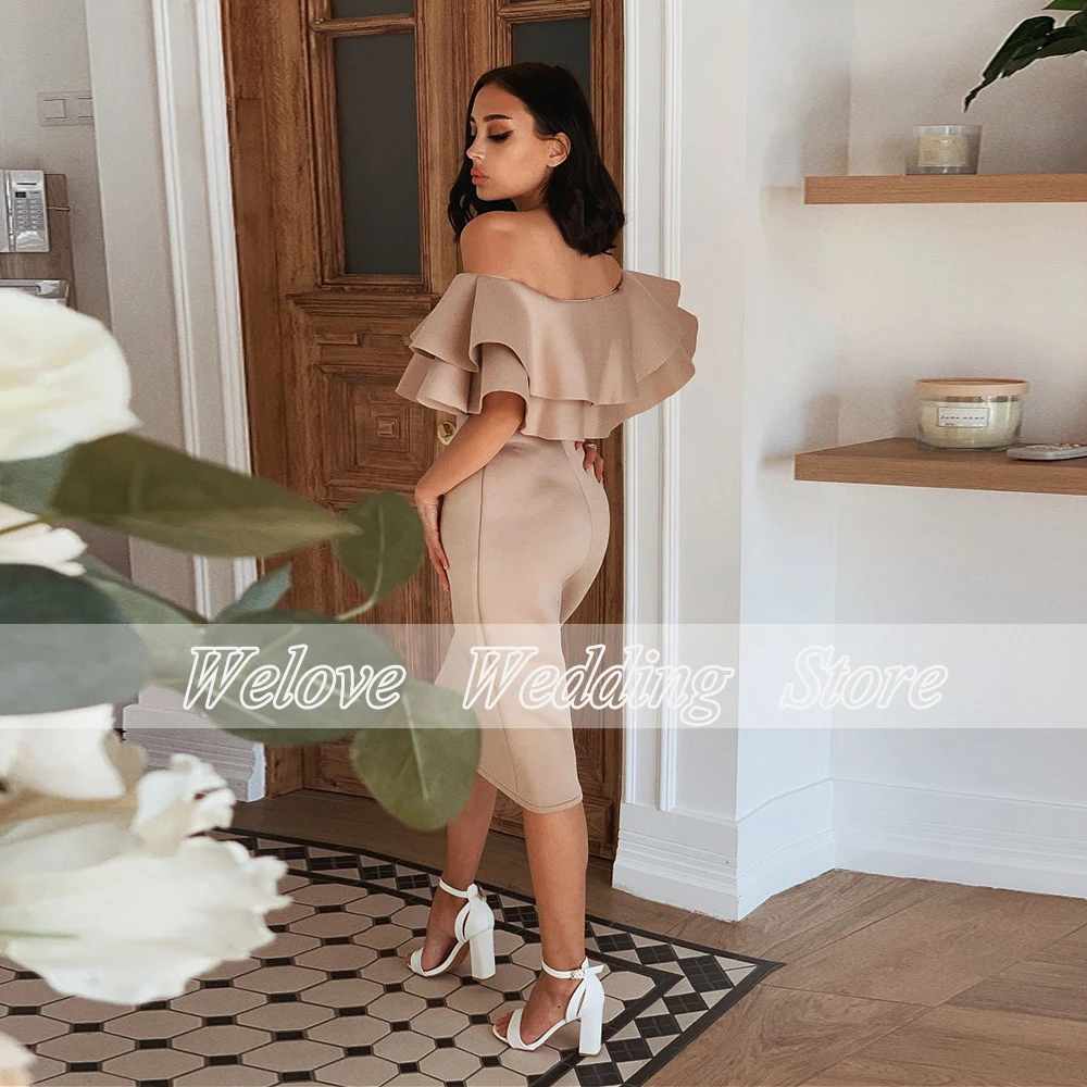 Casual Strand Party Kleid Für Hochzeiten Gäste Knielangen Boot-ausschnitt Rüschen Plus Größe Mutter Der Braut Kleid Nach zipper Zurück