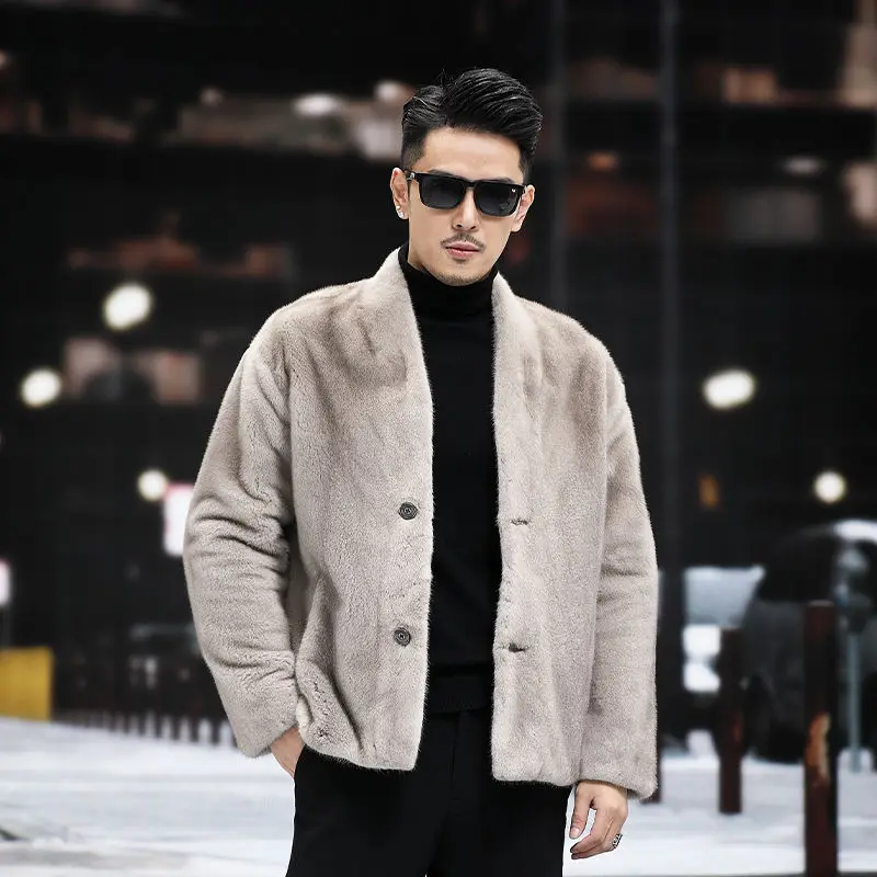 

Winter New Jackets Male Casual Imitation Whole Mink Imported Iron Gray Velvet V Collar Fur Coat Tide Men Slim Plus Size Overcoat