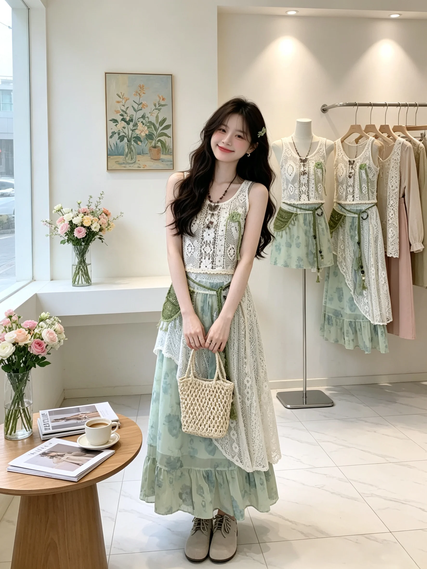 Bohemian Holiday Style Art Student Set Hook Flower Hollow out Cover up Halter Top Half Skirt Women Summer Outfit Three Piece Set