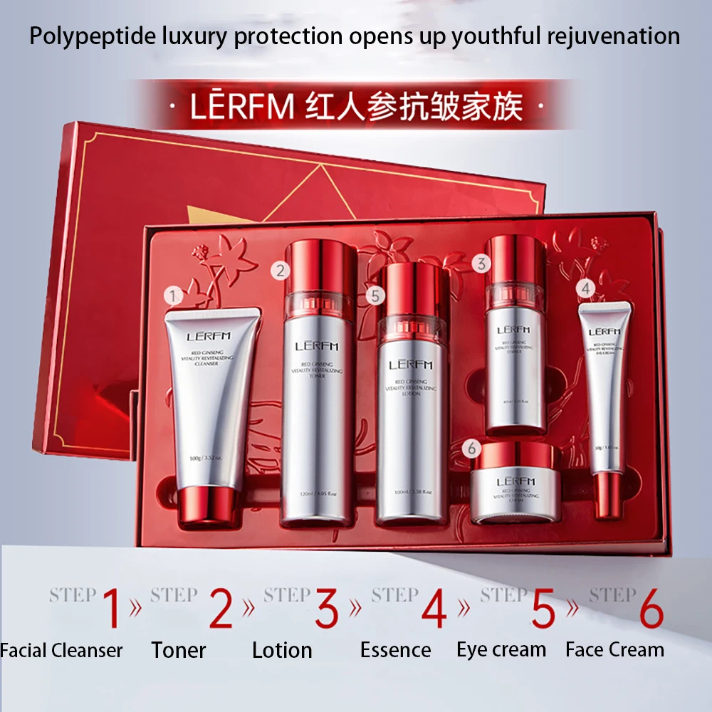6Pcs Red Ginseng Improve Rough Dull Skincare Sets Firming Lifting Facial Contour Promote Collagen Empower Elasticity Beauty Box