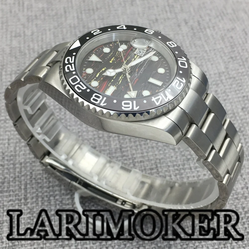 LARIMOKER 40MM GMT Orologio meccanico da uomo NH34 Vetro zaffiro Nero Grigio Lunetta in ceramica Meteorite Texture Quadrante Calendario luminoso