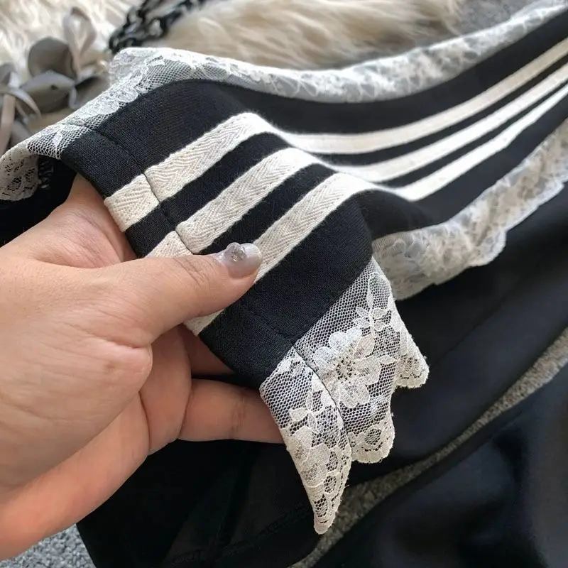 Sports Pants for Women in Spring, Retro High Waisted Lace Patchwork Striped Straight Leg Casual Pants, Black Wide Leg Pants