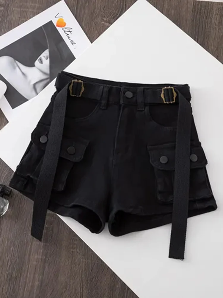 Zoki Hip Hop Y2K Denim Cargo Shorts Women Harajuku Streetwear Retro Shorts High Waist Casual Pockets Korean Solid Cargo Shorts