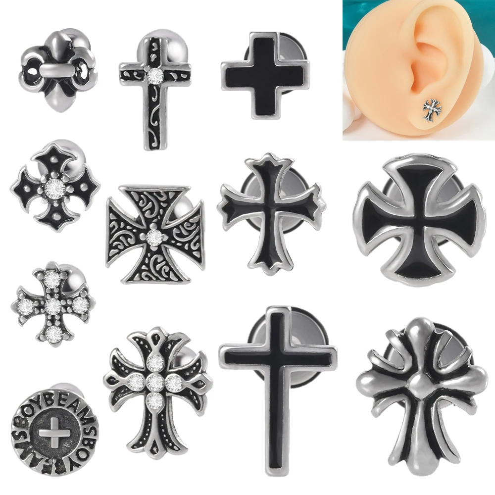 1PC Surgical Steel Oiled Cross Ear Stud Personality Punk Straight Disc Inlaid Rhinestones Carved Letters Tragus Earrings 16G