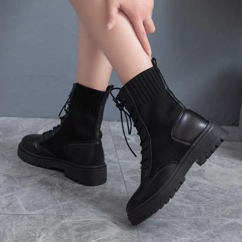 Classics Women's Boots Ankle 2020 Autumn/Winter New Lace Up Elastic Knitted Splicing Locomotive Boot Square Heel Women Shoe