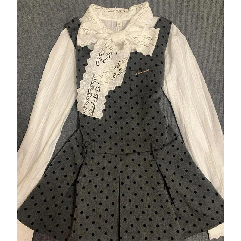 Ensemble 2 pièces en dentelle à pois doux: chemisier doux à manches longues avec nœud Vintage + robe Lolita plissée à bretelles d'inspiration Harajuku Jk