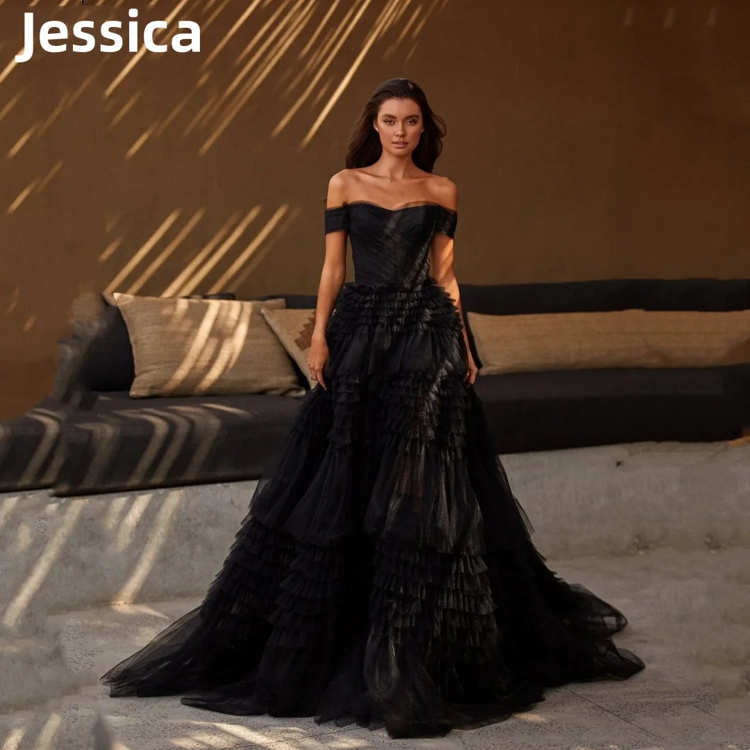 

Jessica Black Off The Shoulder Prom Dresses Luxurious Tulle Evening Dresses Vestidos De Fiesta Wedding Graduate Party Dresses