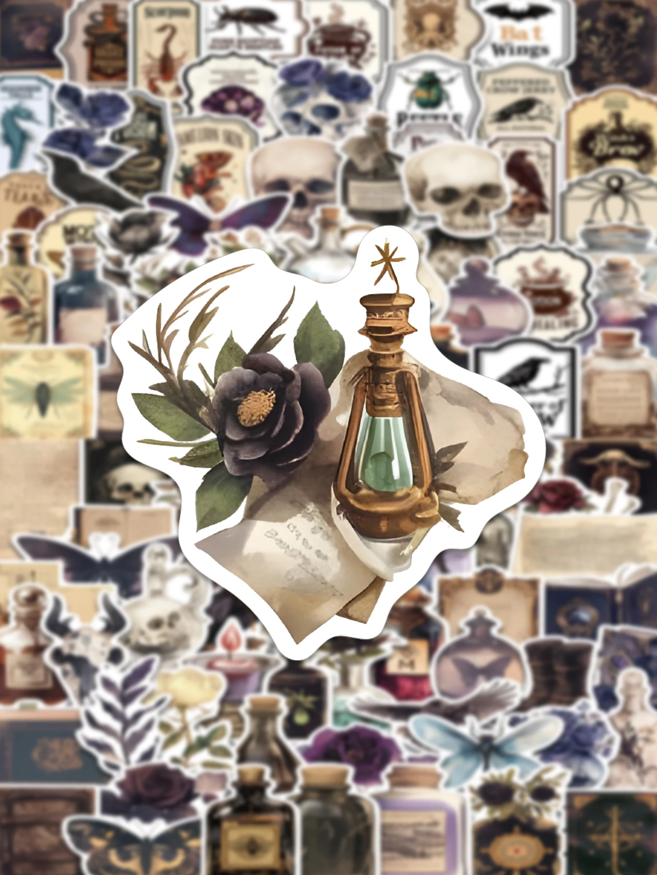 100 pièces mystérieux rétro foncé esthétique Art autocollants personnalisé fleur crâne Potion bouteille autocollants papillon corbeau bricolage cadeau