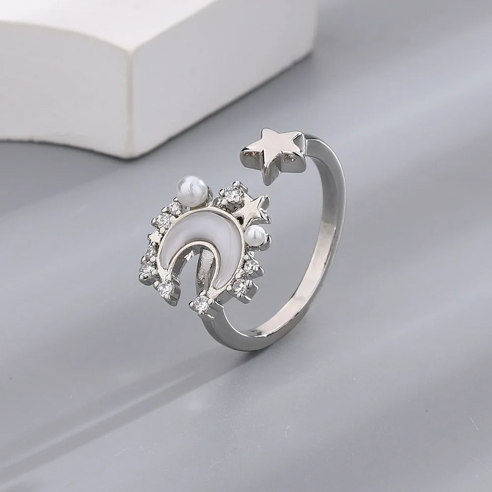 925 Sterling Silver Pearl Shell Star Moon Ring for Women Girl Korean Romantic Fashion Party Fine Jewelry Accessories