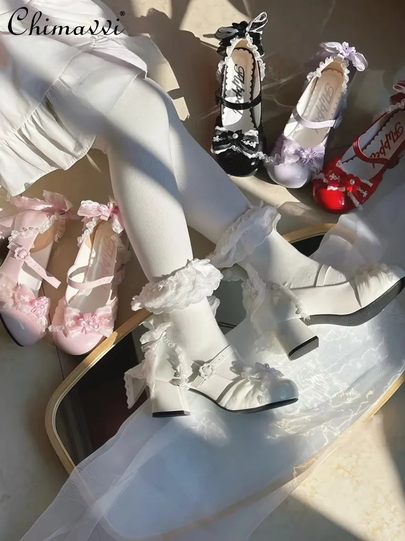 

Original Sweet Girl Lace Satin Ballet Mary Jane Shoes 2026 Spring Summer New Cute Bow Elegant Princess Lolita High Heels Pumps