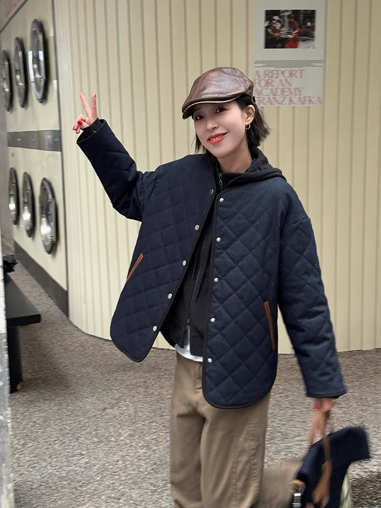 

Теплое стеганое замшевое пальто с круглым вырезом для женщин, бежевое, весна-осень-зима, модное, повседневное, комфортное, хлопковое, верхняя одежда