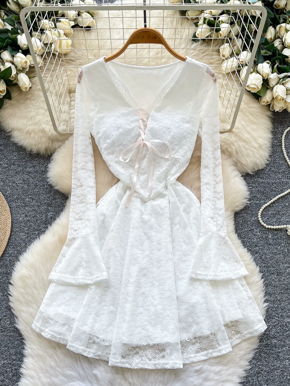 

2026 New Spring Summer Women French Style V-neck Long Sleeve Dress Bow Bandage Embroidered Lace Solid A-line Short Dress