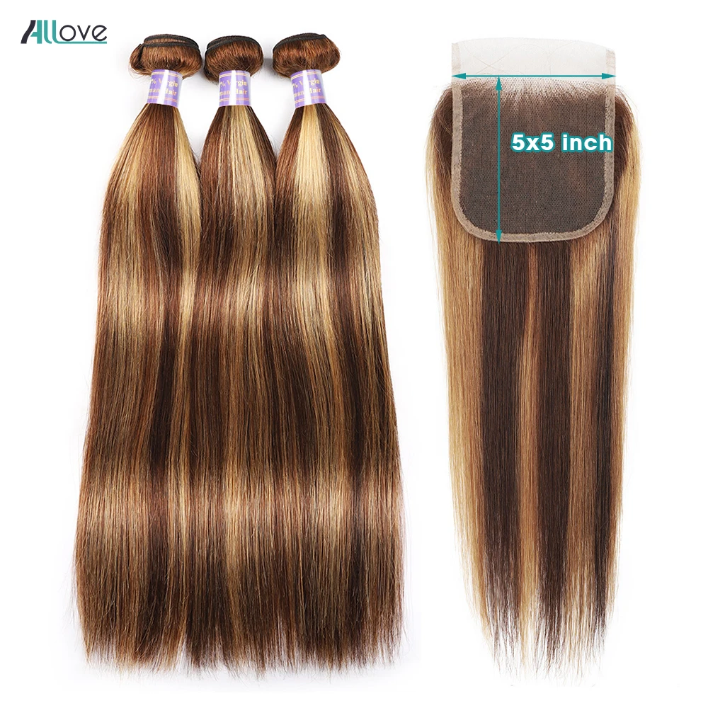 Allove 4/27 Ombre Highlight Bundles With Closure 4x4 5x5 Transparent Lace Closure With Straight Bundles Colored Blonde Extension