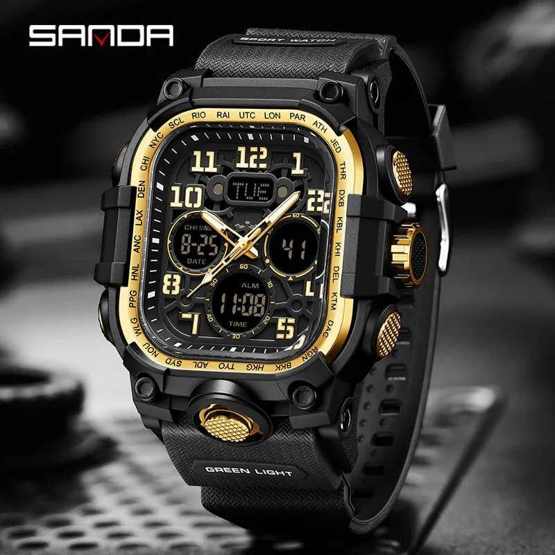 Reloj electrónico cuadrado marca Sanda, 4 ventanas, multifunción, resistente al agua, reloj despertador, reloj con doble pantalla, reloj con tres zonas horarias