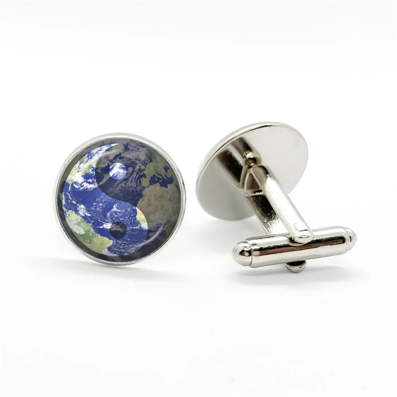 Vintage Earth World Map Cufflinks Globe Planet Art Photo Crystal Glass Dome Cabochon  Shirt Cuff Links for Men Jewelry Gift